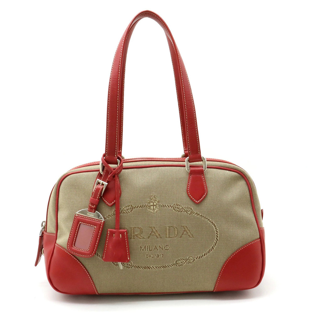 Prada Jacquard Handbag Tote Bag Canvas Leather Beige Cream Red